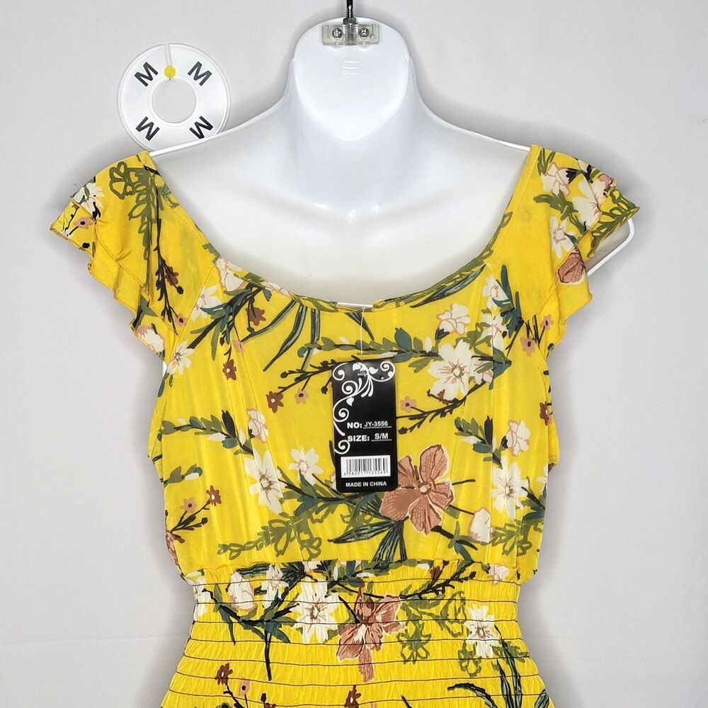 GM NWT Yellow Tropical Floral Smocked Waist Dress Medium - Picture 3 of 9